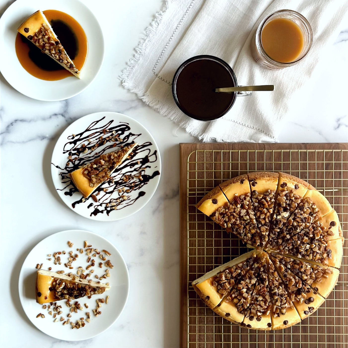 Golden 10 inch handcrafted Turtle Cheesecake, and three individually plated slices of creamy Turtle Cheesecake with extra caramel, chocolate and Texas Pecans.