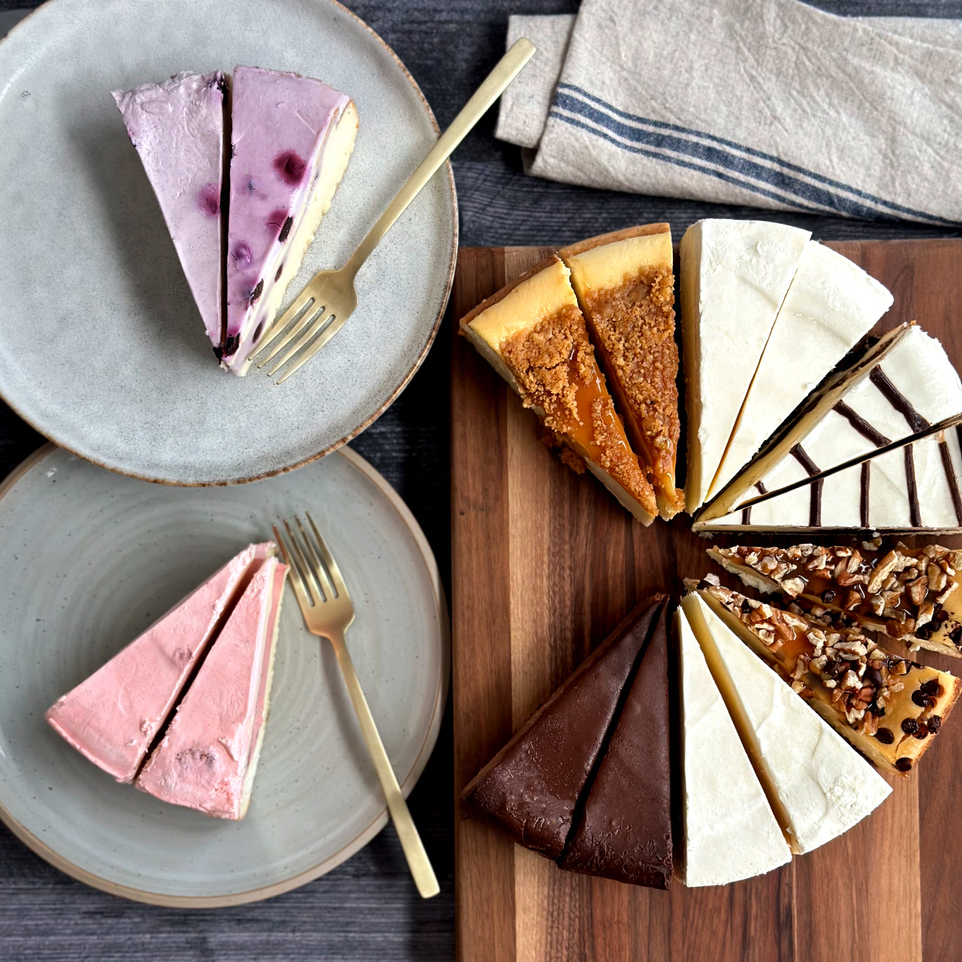 Laura's 10 inch Sampler Cheesecake made of vibrant Lemon Blueberry, creamy Strawberry, decadent Triple Chocolate, velvety Classic, savory Turtle, silky Marble Brownie Swirl, and rich Salted Caramel
